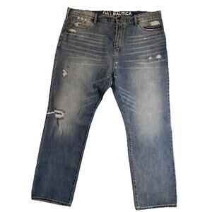 Nautica Distressed Baggy Loose Blue Denim Fade Whiskers Skate Y2K Size 36x30